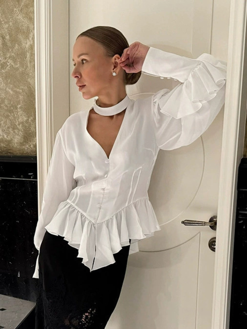 Forever 21 Royal Ruffle Long Sleeve Autumn Chiffon Blouse